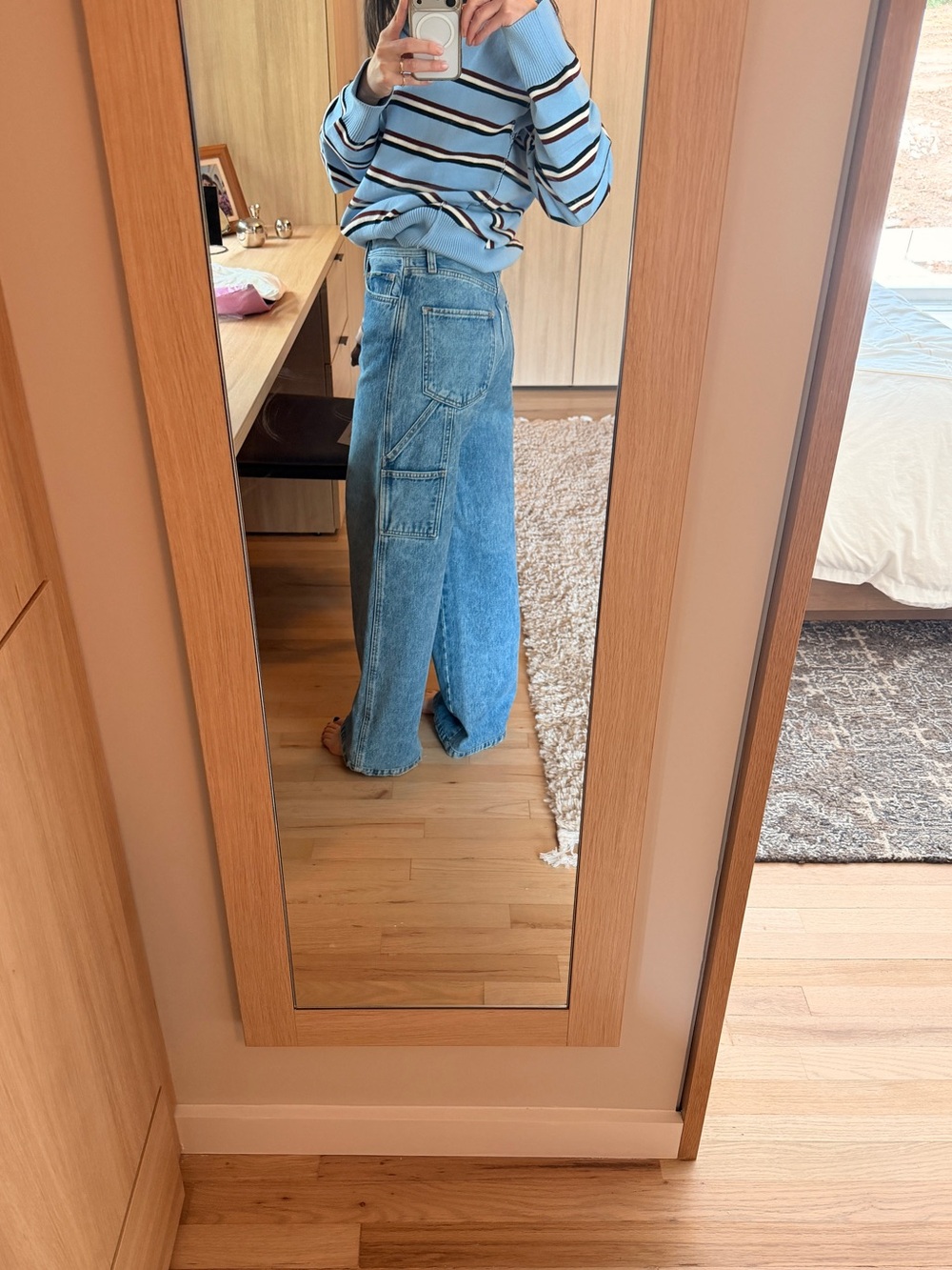 Light Blue Wide-Leg Cargo Jeans - Women